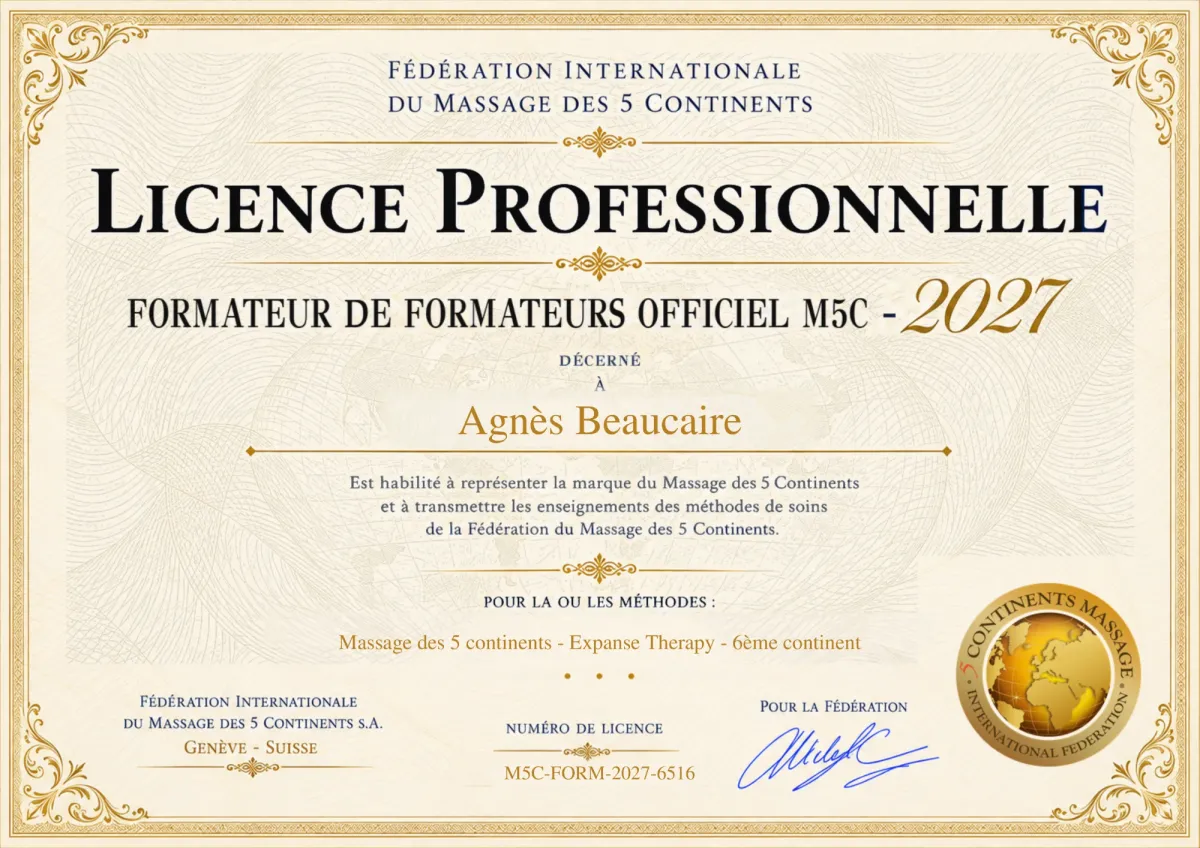 Licence professionnelle Formateur de formateurs officiel M5C 2027 décernée à Agnès Beaucaire par la Fédération Internationale du Massage des 5 Continents